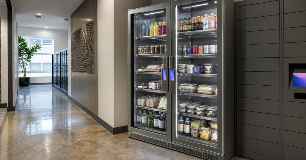 Revvolto AI smart cooler beside an Austin apartment package-room path with stocked shelves