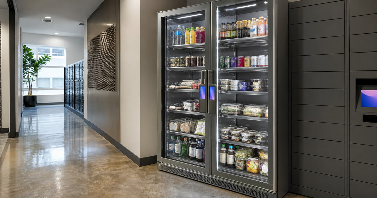 Revvolto AI smart cooler beside an Austin apartment package-room path with stocked shelves