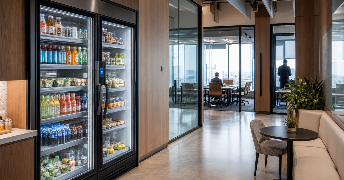 Revvolto smart cooler beside an Austin area business meeting room with stocked glass doors