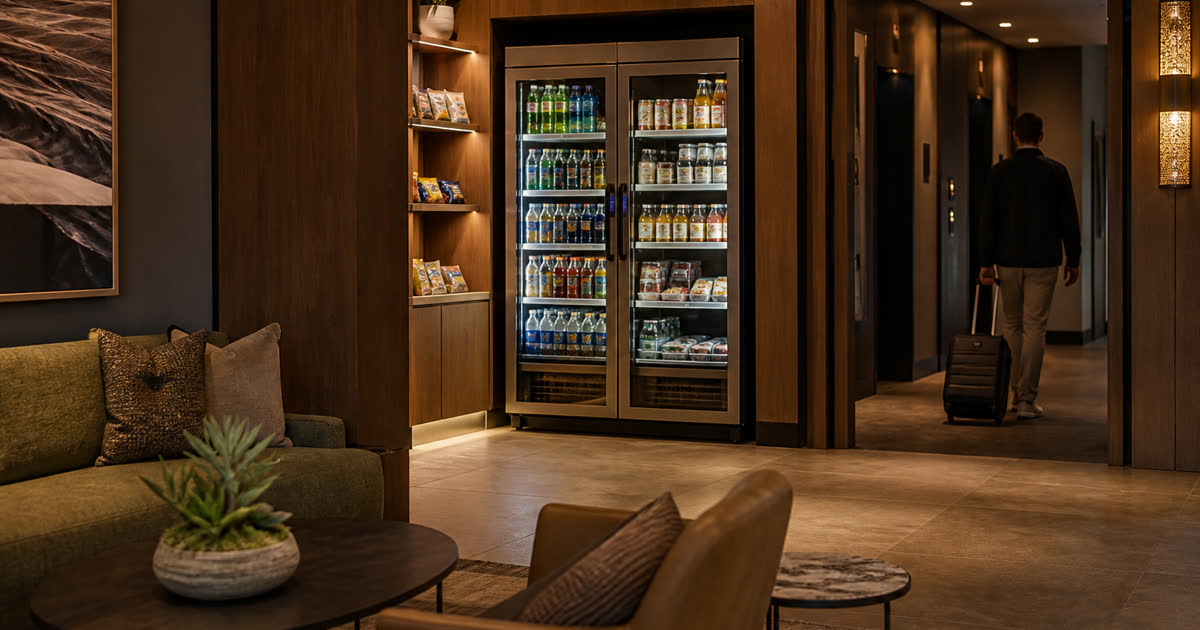 Revvolto smart cooler in a hotel lobby market alcove with cashless vending and stocked glass doors