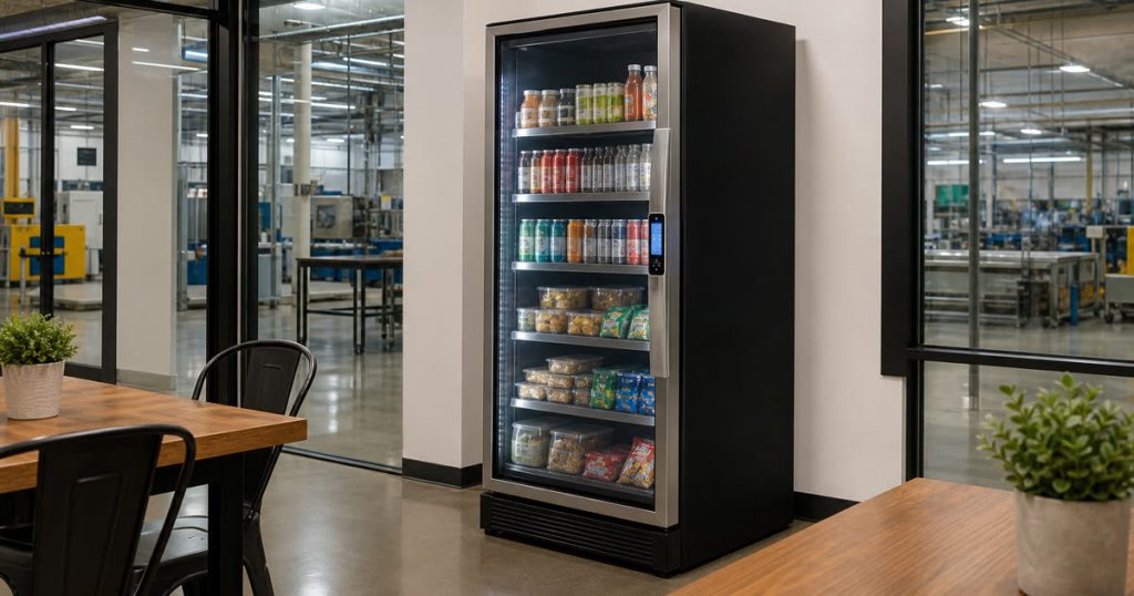 Revvolto smart vending cooler in an Austin manufacturing break area near an employee shift path
