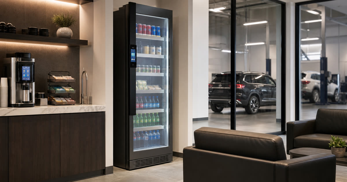 Revvolto smart vending cooler in a clean service lounge refreshment alcove with seating nearby
