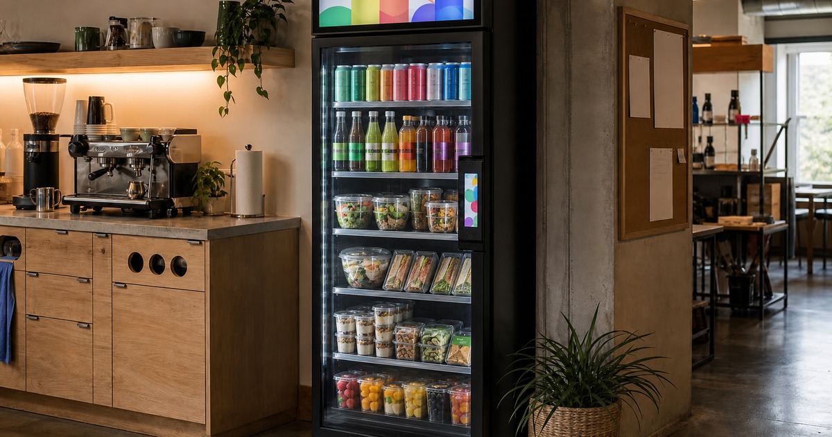 Revvolto smart cooler in an Austin staff facility with glass doors, handle screens, and stocked grab-and-go products