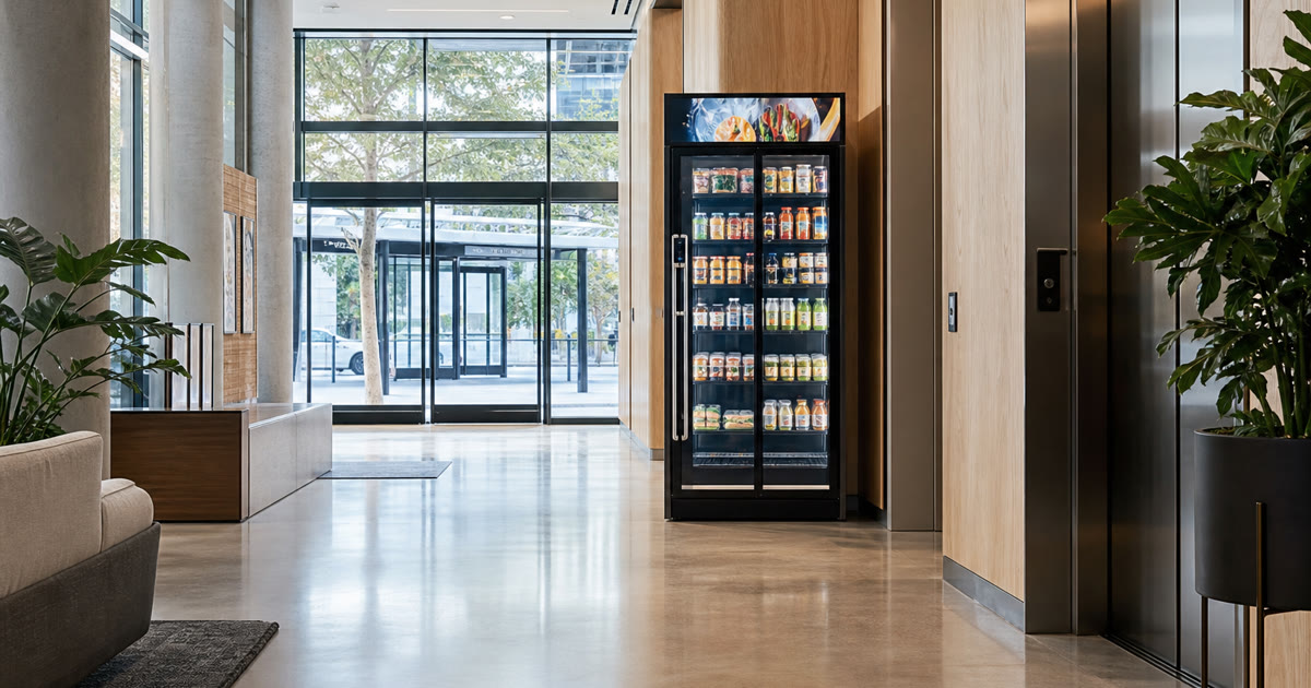 Revvolto smart cooler near an Austin building entry path with stocked clear glass doors