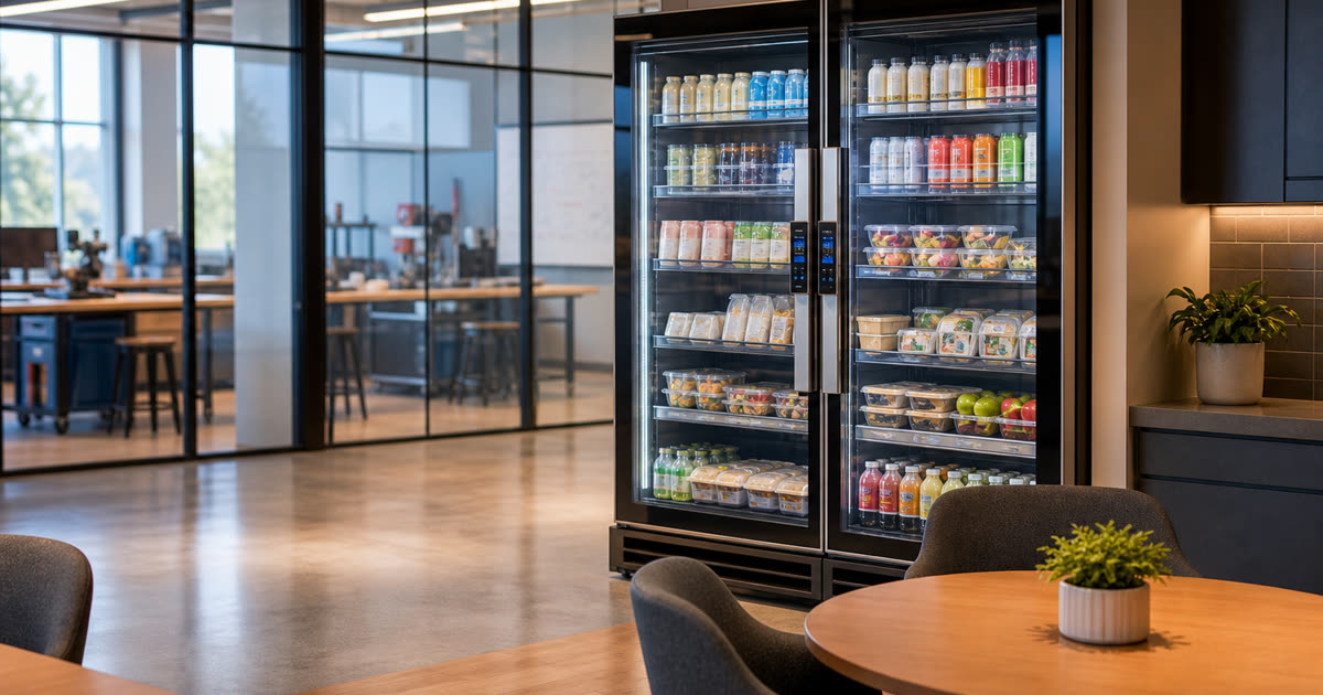 Revvolto smart fridge and market cooler in an Austin workforce campus lounge near training rooms