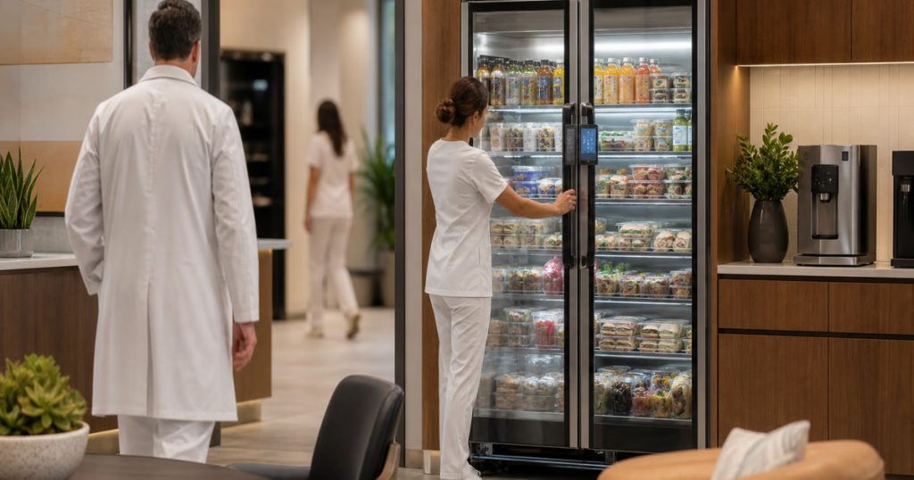 Revvolto smart cooler in a clinic employee lounge with white-clad staff