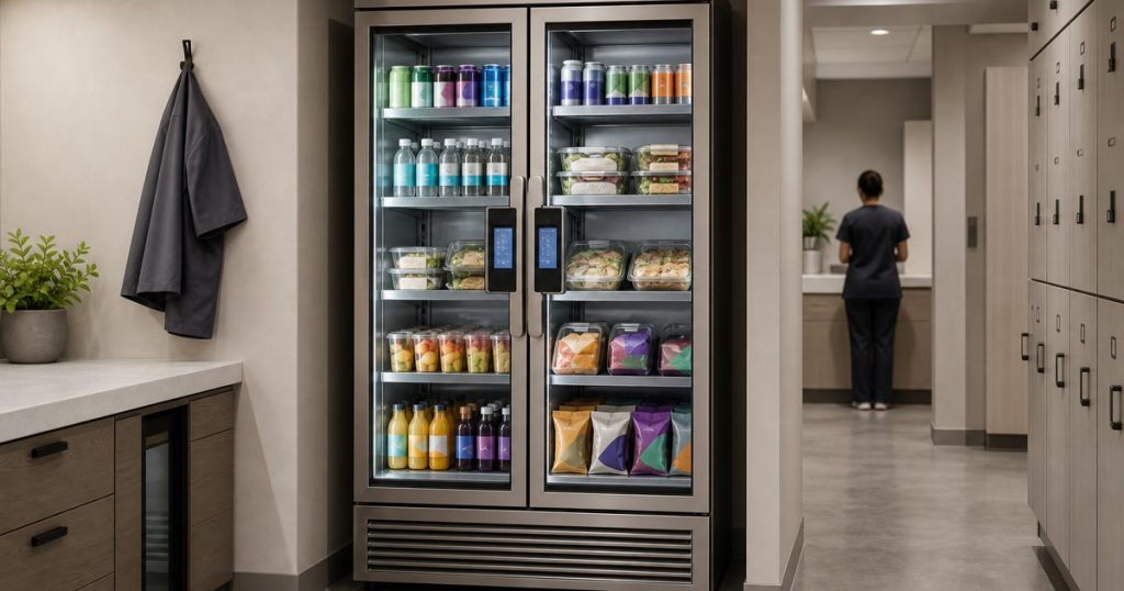 Revvolto smart cooler in a clinic staff corridor with stocked food and drinks