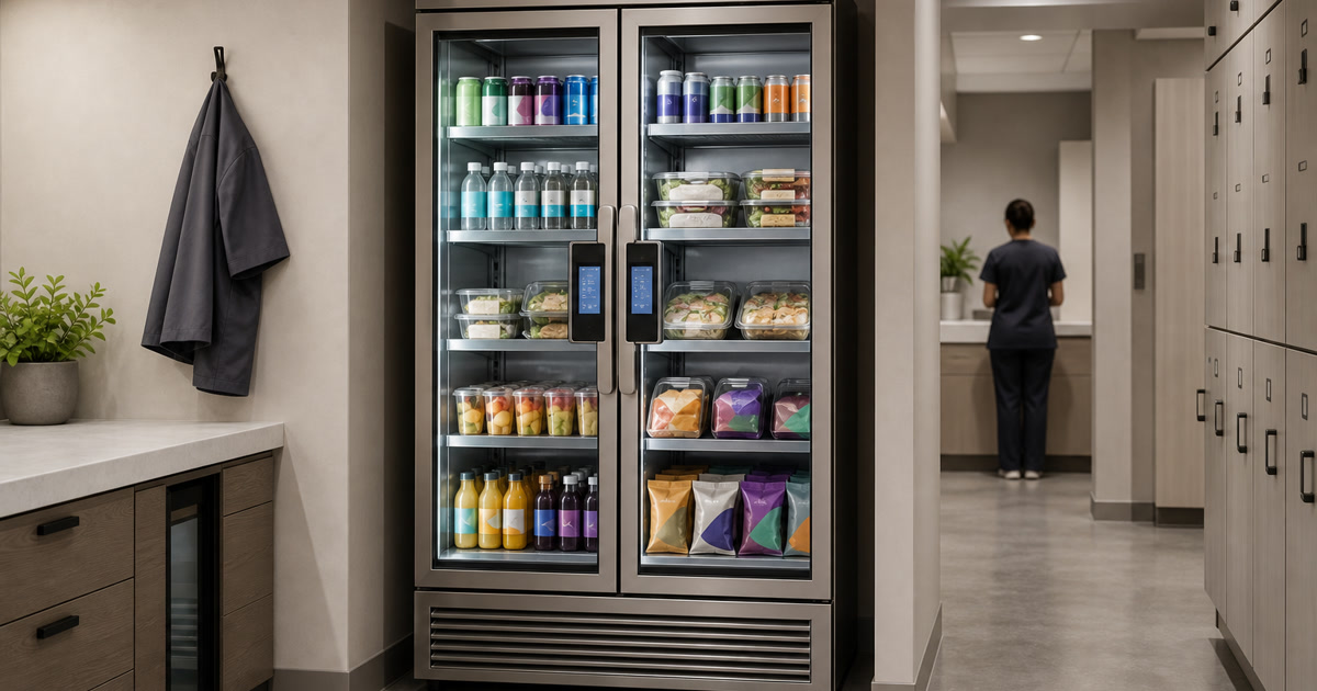 Revvolto smart cooler in a clinic staff corridor with stocked food and drinks