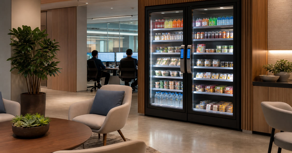 Revvolto smart vending cooler in a secure Austin workplace lounge for staff food access planning