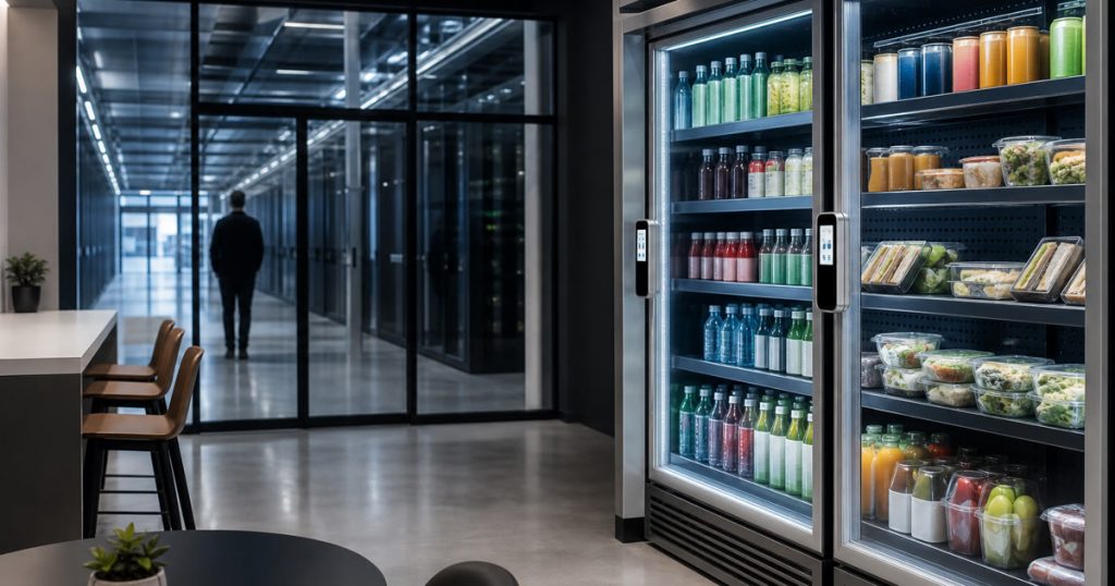 Revvolto smart vending cooler beside a data center staff path with clear glass doors and handle LCDs