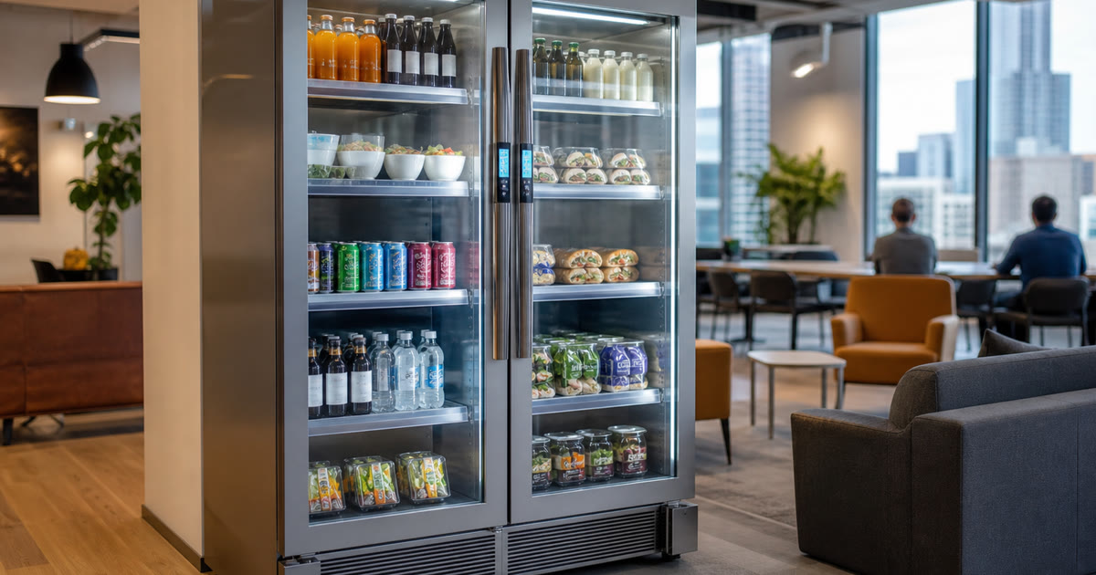 Revvolto smart vending machine near an Austin community workspace lounge and workshop area