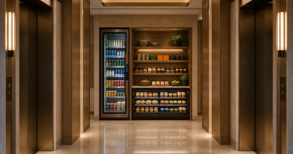 Revvolto smart vending cooler in an Austin hotel elevator corridor compact market nook