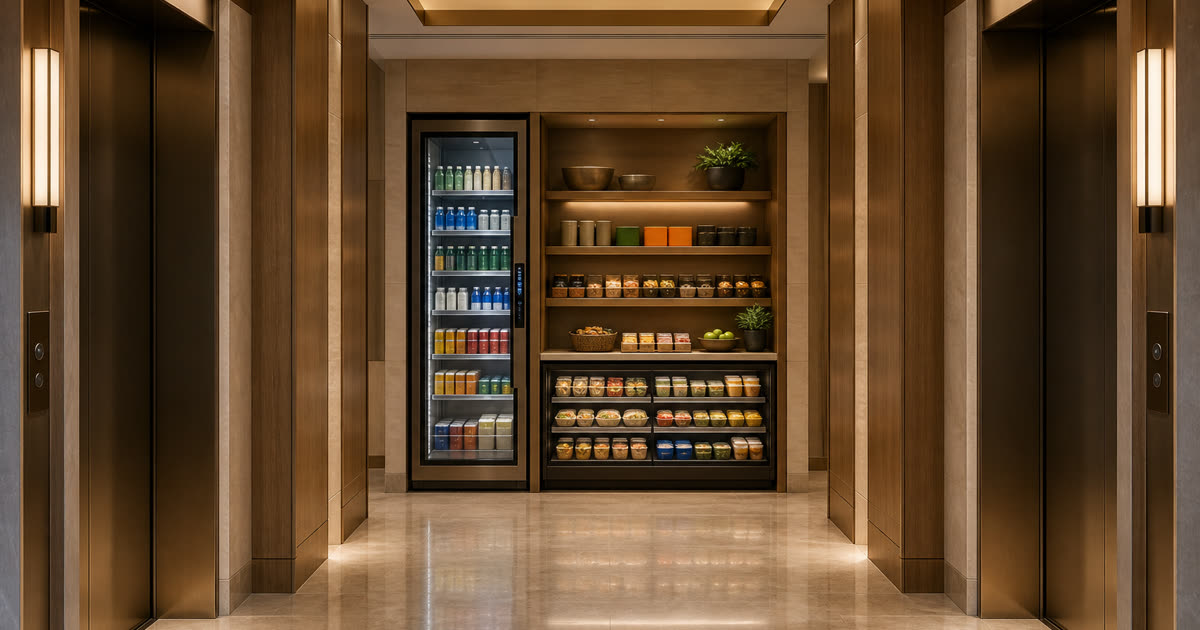 Revvolto smart vending cooler in an Austin hotel elevator corridor compact market nook