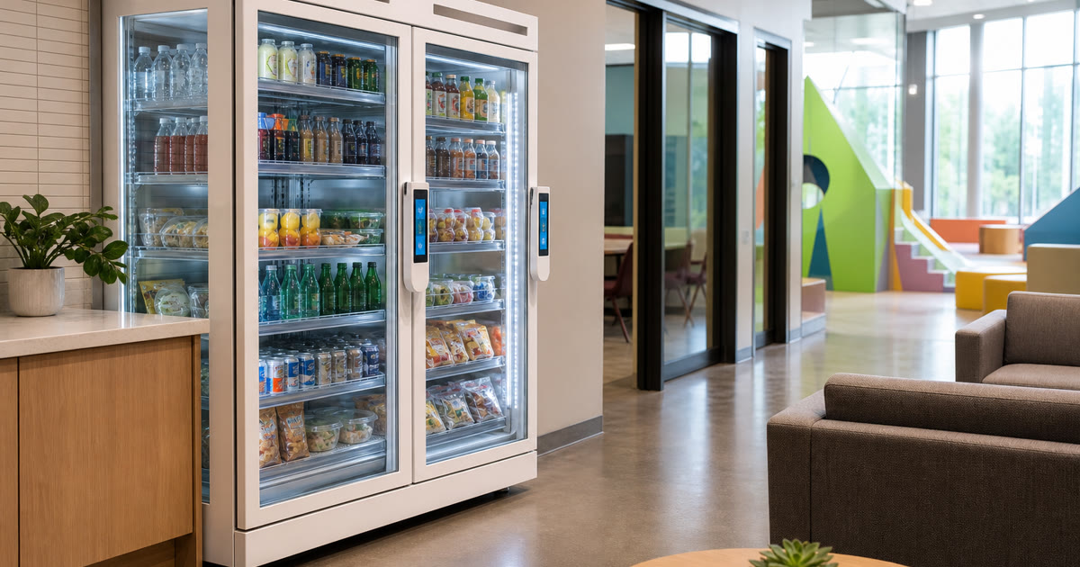 Revvolto double-door smart vending cooler near an indoor recreation lounge and staff service path