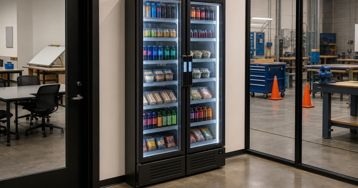 Revvolto smart vending cooler in an Austin workforce training lounge with stocked grab-and-go food and drinks