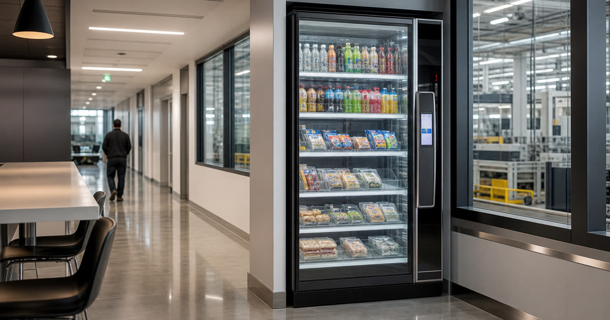 Revvolto smart vending cooler along a manufacturing staff break path with clear service access