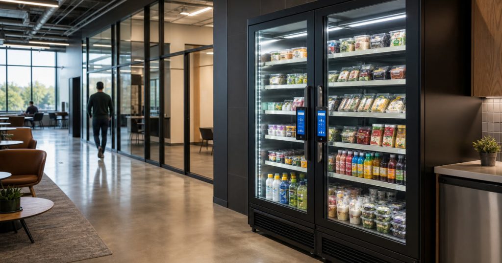 Revvolto smart vending machine in an Austin research campus corridor with stocked food and clear glass doors