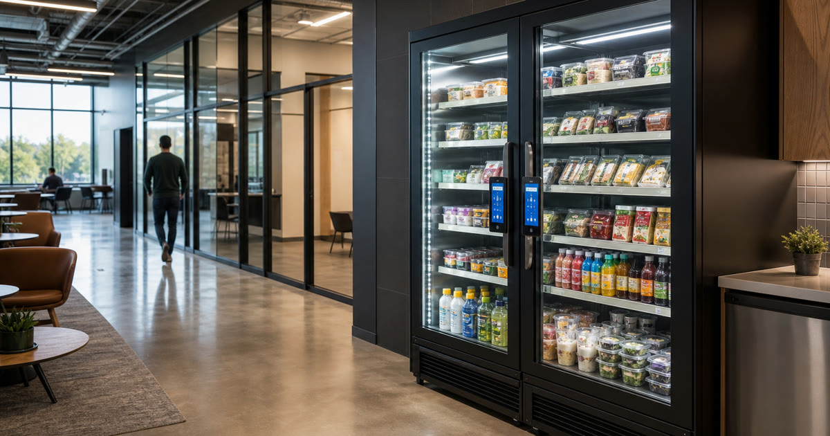 Revvolto smart vending machine in an Austin research campus corridor with stocked food and clear glass doors