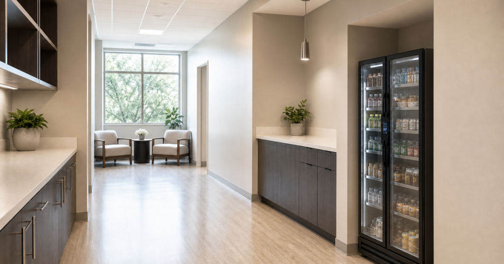 Austin office kitchenette hallway with a tall all-glass smart cooler placed farther back in the environment