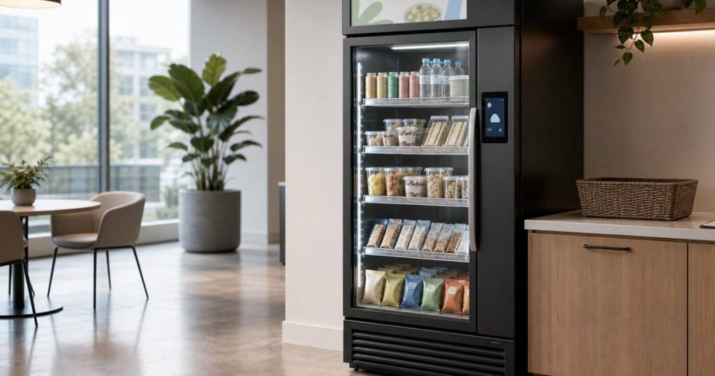 Smart vending cooler in a bright hotel-style amenity space stocked with grab-and-go food and drinks
