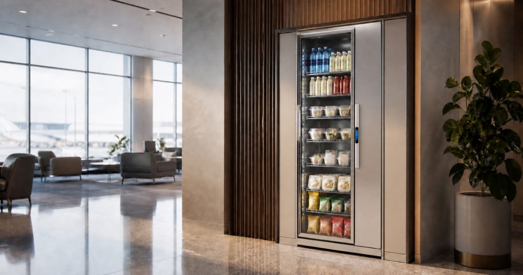 Smart cooler in a generic Austin travel lounge showing stocked grab and go options near a waiting area