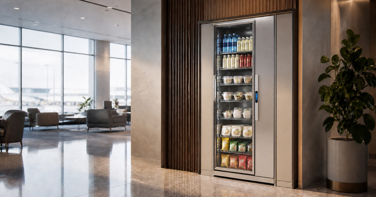 Smart cooler in a generic Austin travel lounge showing stocked grab and go options near a waiting area