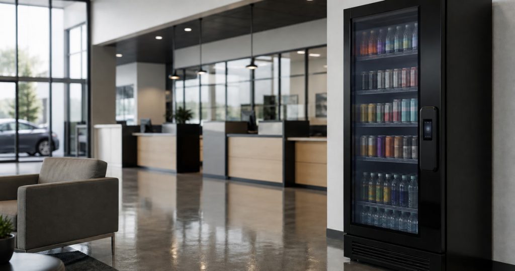 Smart vending cooler in a dealership service lounge with clear walking space for facility teams