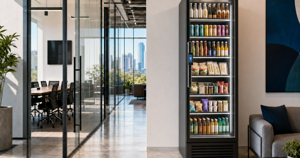 Austin technology office lounge with an all-glass smart cooler, detailed generic products, and a handle touchscreen