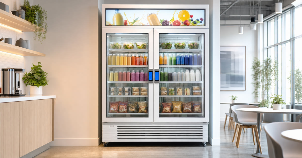 Clear-glass smart vending cooler in a modern break room near a coffee-station pause point
