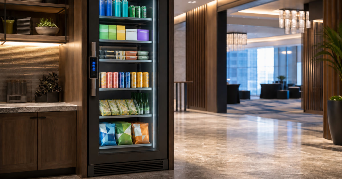 Glass smart fridge in a downtown Austin hospitality market nook near meeting and lounge space