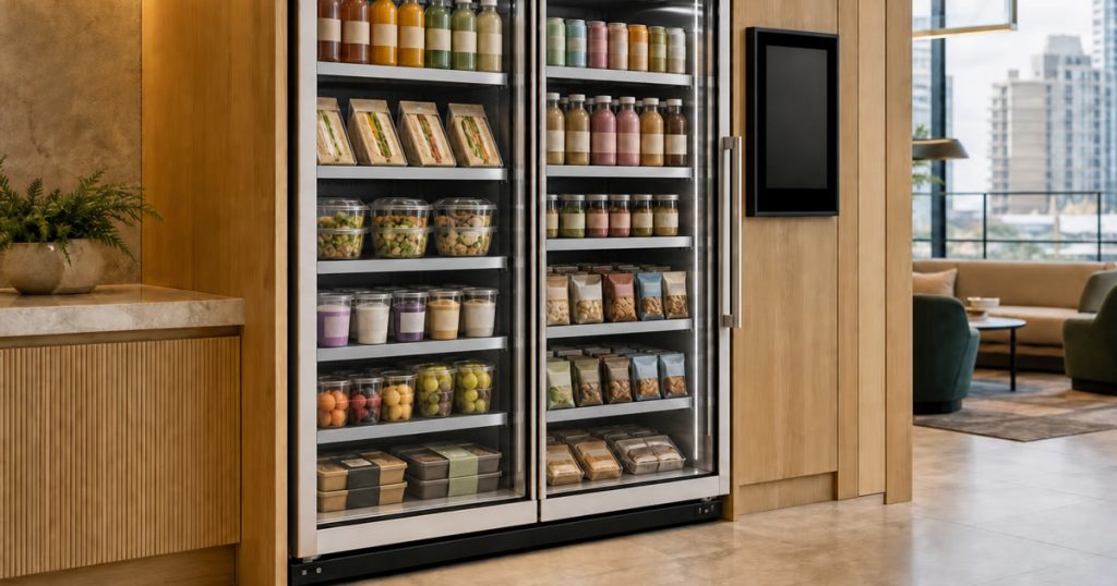 Smart cooler in a modern breakroom stocked with detailed grab-and-go food and drinks