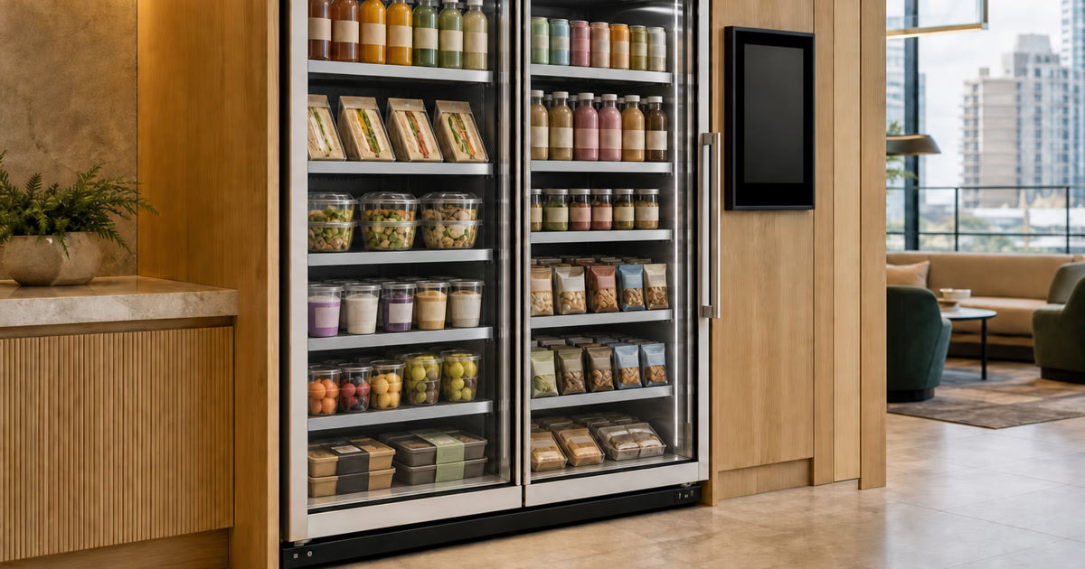 Smart cooler in a modern breakroom stocked with detailed grab-and-go food and drinks