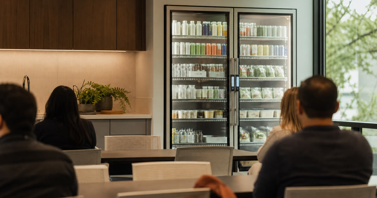 Revvolto smart vending cooler in an Austin community headquarters break area with clear glass and stocked food options
