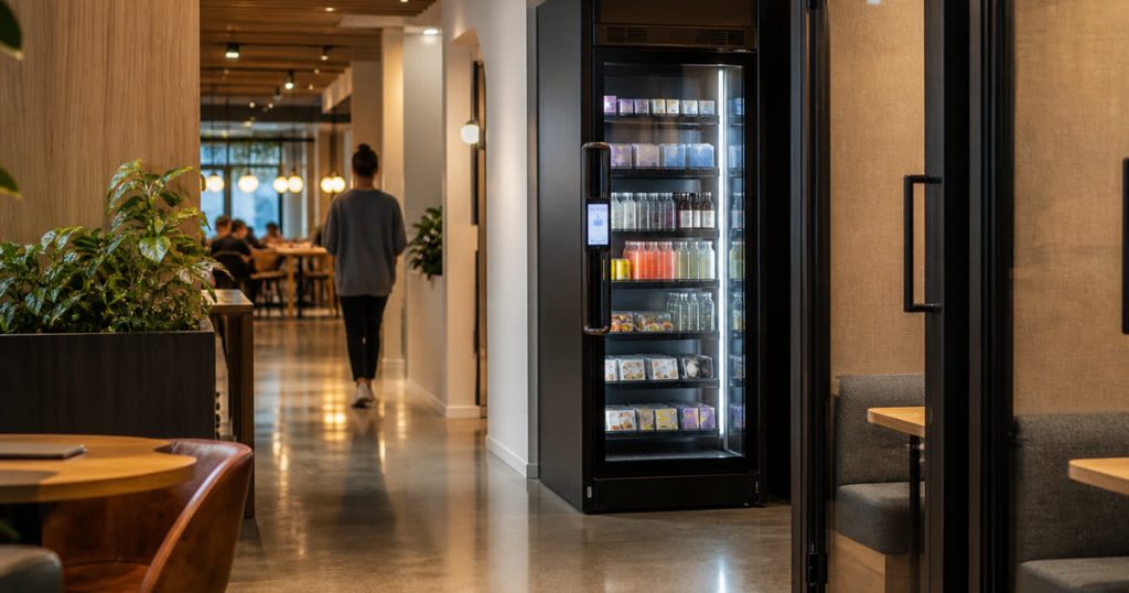 Revvolto smart vending cooler in a coworking lounge path with clear glass and payment support display