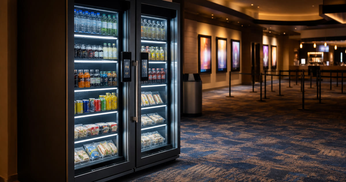 Revvolto smart cooler in an event venue lobby for grab-and-go drinks between programs