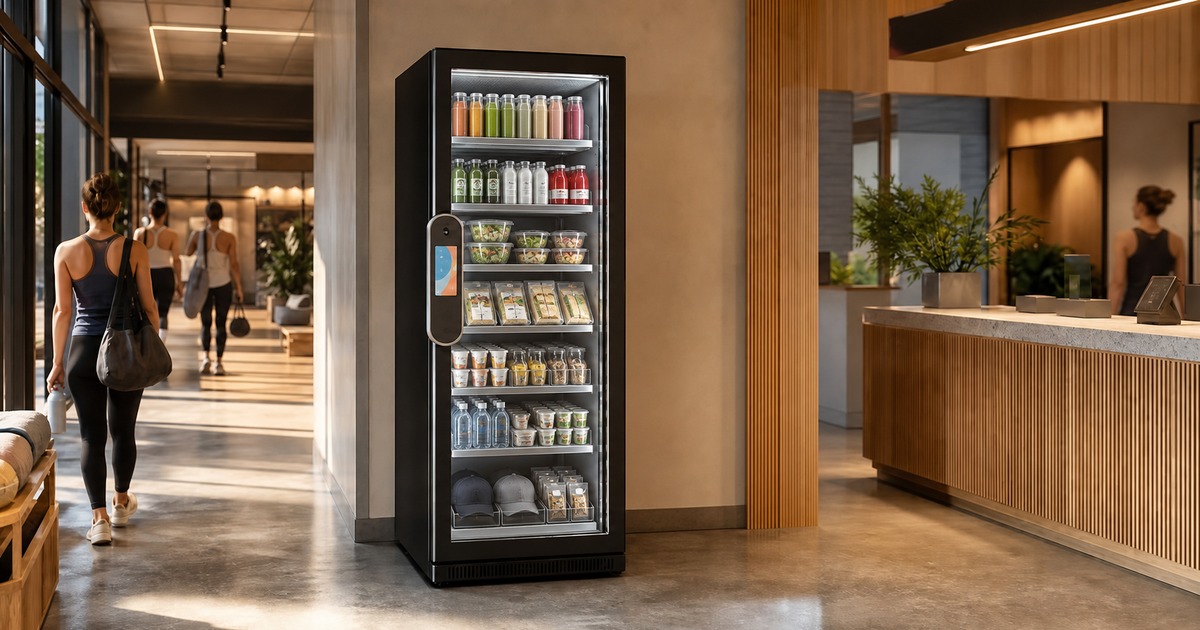 Revvolto smart fridge in a gym after-class pause path with detailed stocked glass cooler and cashless access
