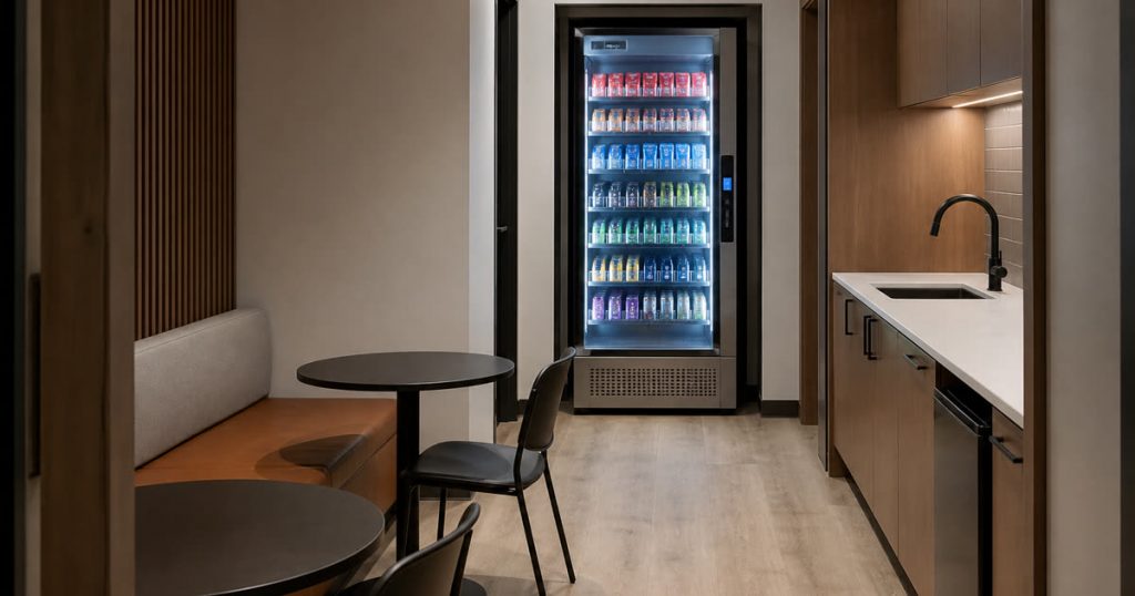 Revvolto smart fridge in an Austin staff break nook planned around traffic flow