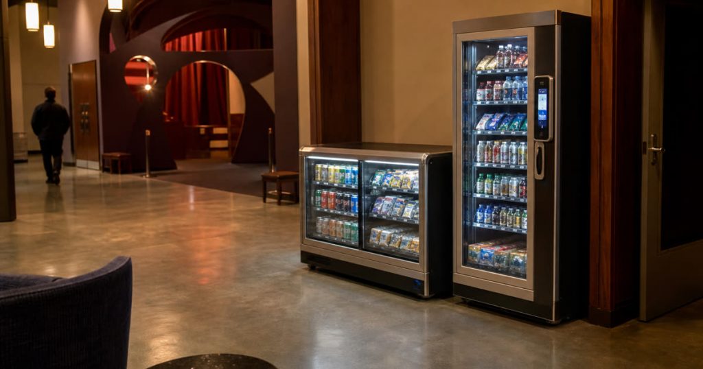 Revvolto micro market and smart vending setup in a theater lobby near an intermission path
