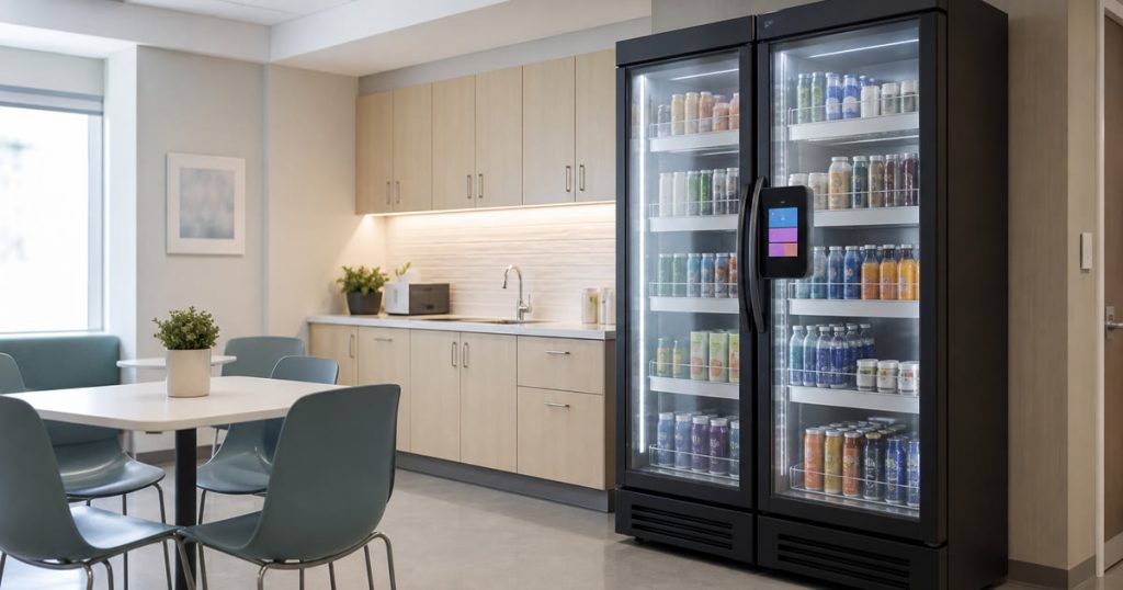 Smart vending cooler in a clinic staff breakroom with a payment panel and full generic shelves