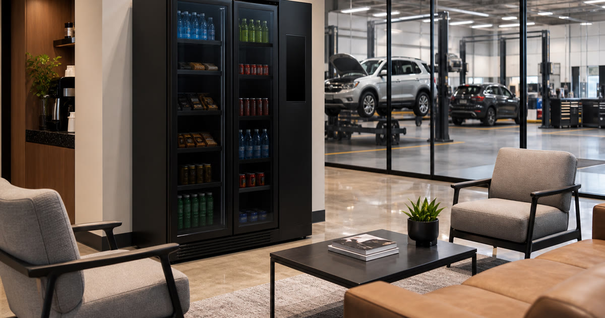 Smart vending machine in a dealership service lounge with drinks and snacks near the waiting area