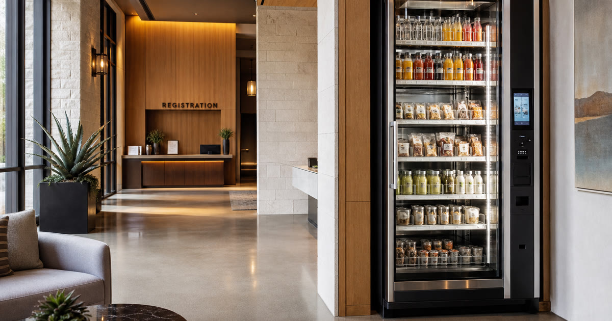 Clear glass smart vending unit near an Austin event venue registration-area pause point