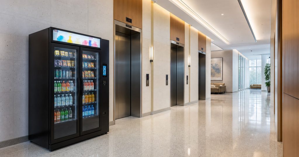 Modern smart vending cooler beside a medical office elevator lobby for vending placement planning