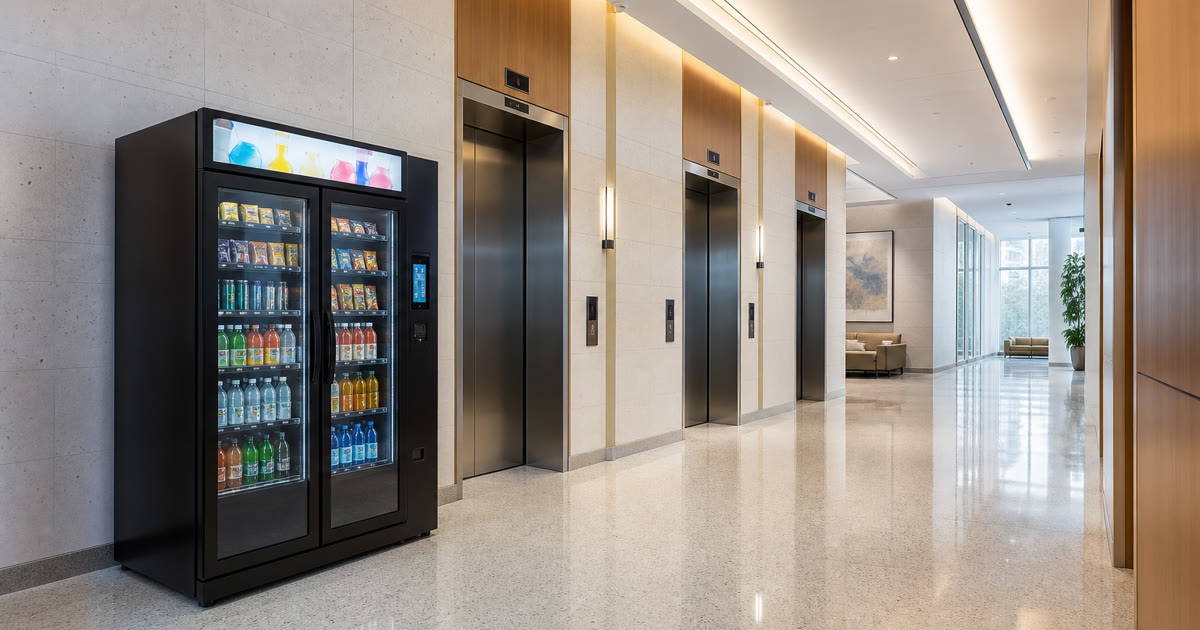 Modern smart vending cooler beside a medical office elevator lobby for vending placement planning