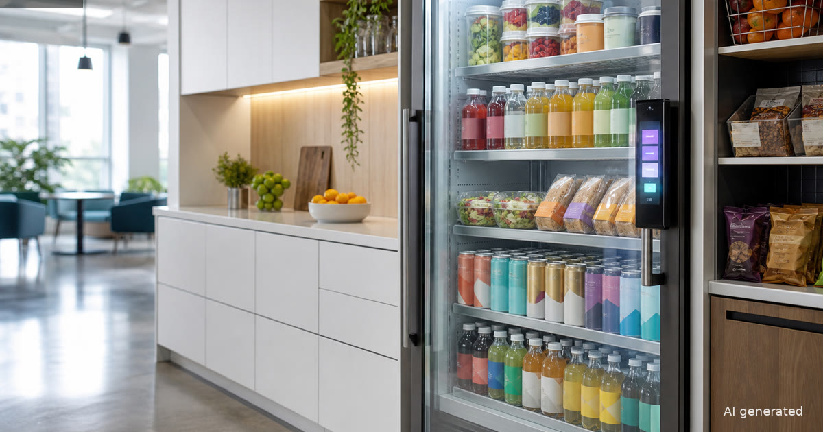 Smart fridge for business in a modern office pantry with stocked grab-and-go food and drinks