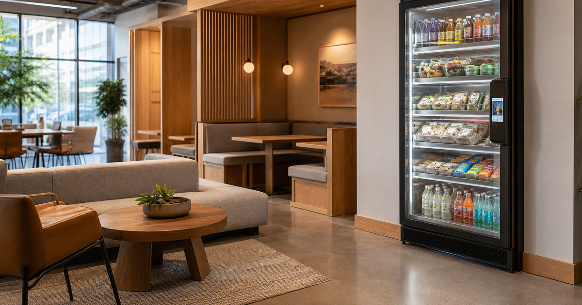 Smart vending cooler placed in a shared workplace lounge with clear walking space nearby
