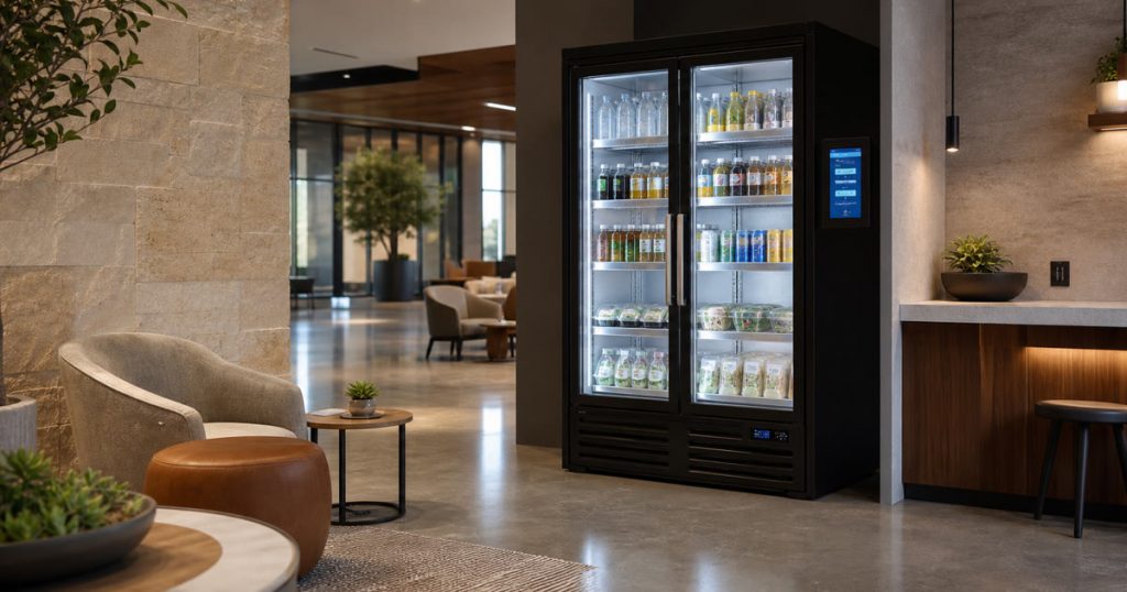 Smart fridge in an Austin conference lounge with stocked drinks and snacks for busy building traffic