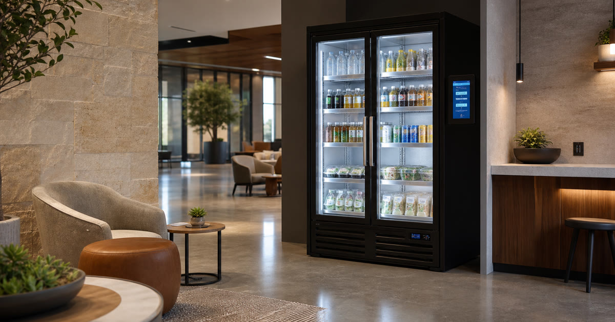 Smart fridge in an Austin conference lounge with stocked drinks and snacks for busy building traffic