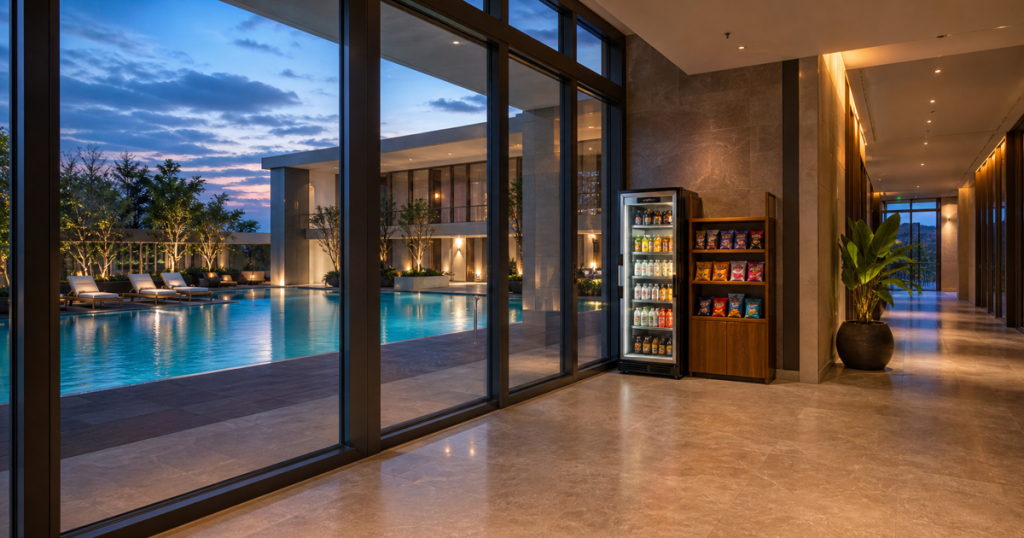 Smart cooler in a hotel pool corridor with clear walking space for vending machine compliance planning