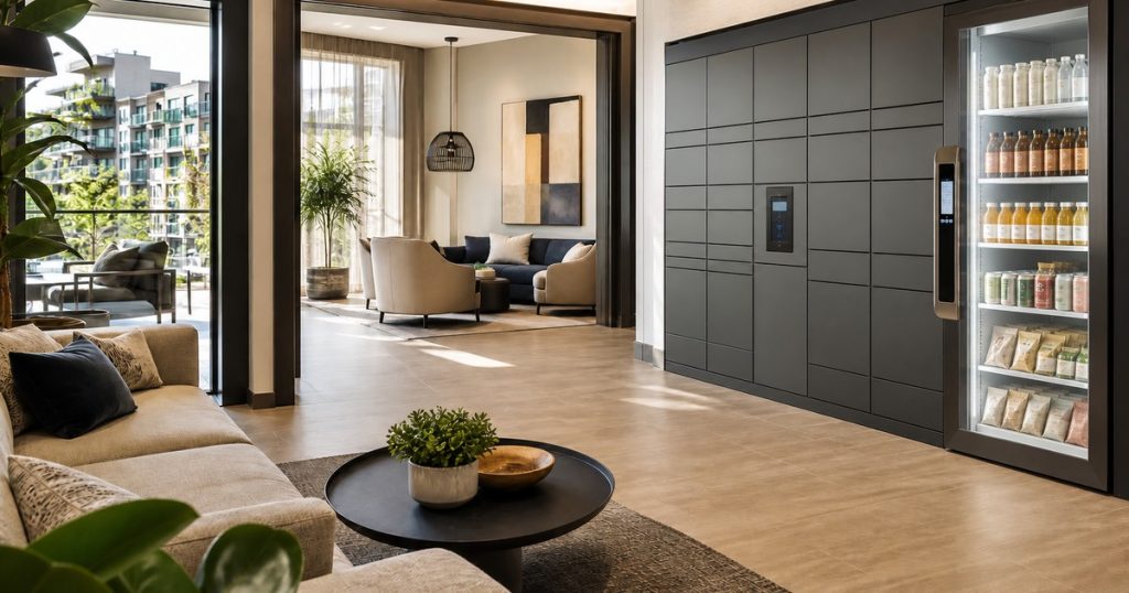 Revvolto Austin smart fridge beside apartment package lockers for AI vending machine trend planning