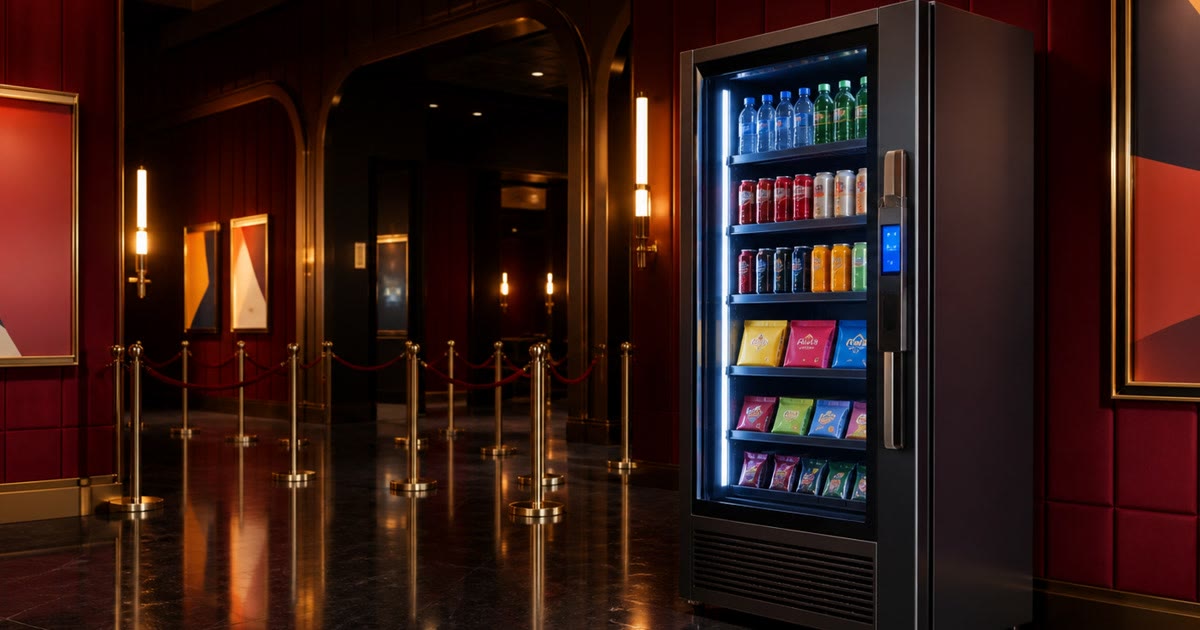 Revvolto Austin smart vending machine in a cinema lobby with stocked glass cooler